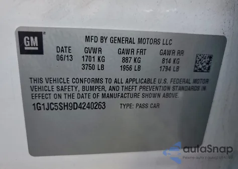 2013 Chevrolet Sonic Lt z USA, uszkodzony, nr VIN 1G1JC5SH9D4240263